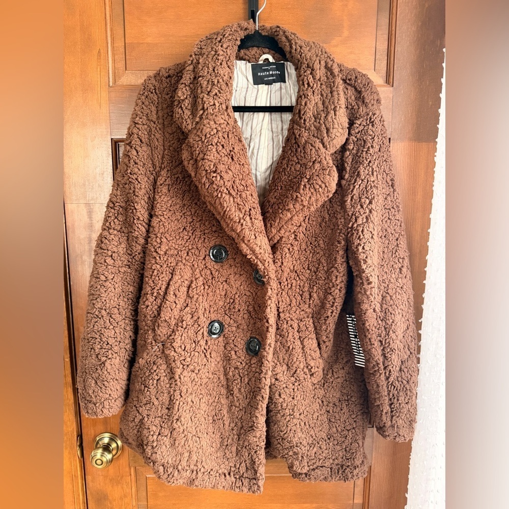 Haute Monde Brown Sherpa Teddy Bear Pea Coat